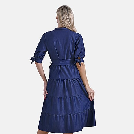 La Marey Tiered Midi Dress with Puff Sleeves & Tie Waist  (Size S) - Dark Blue