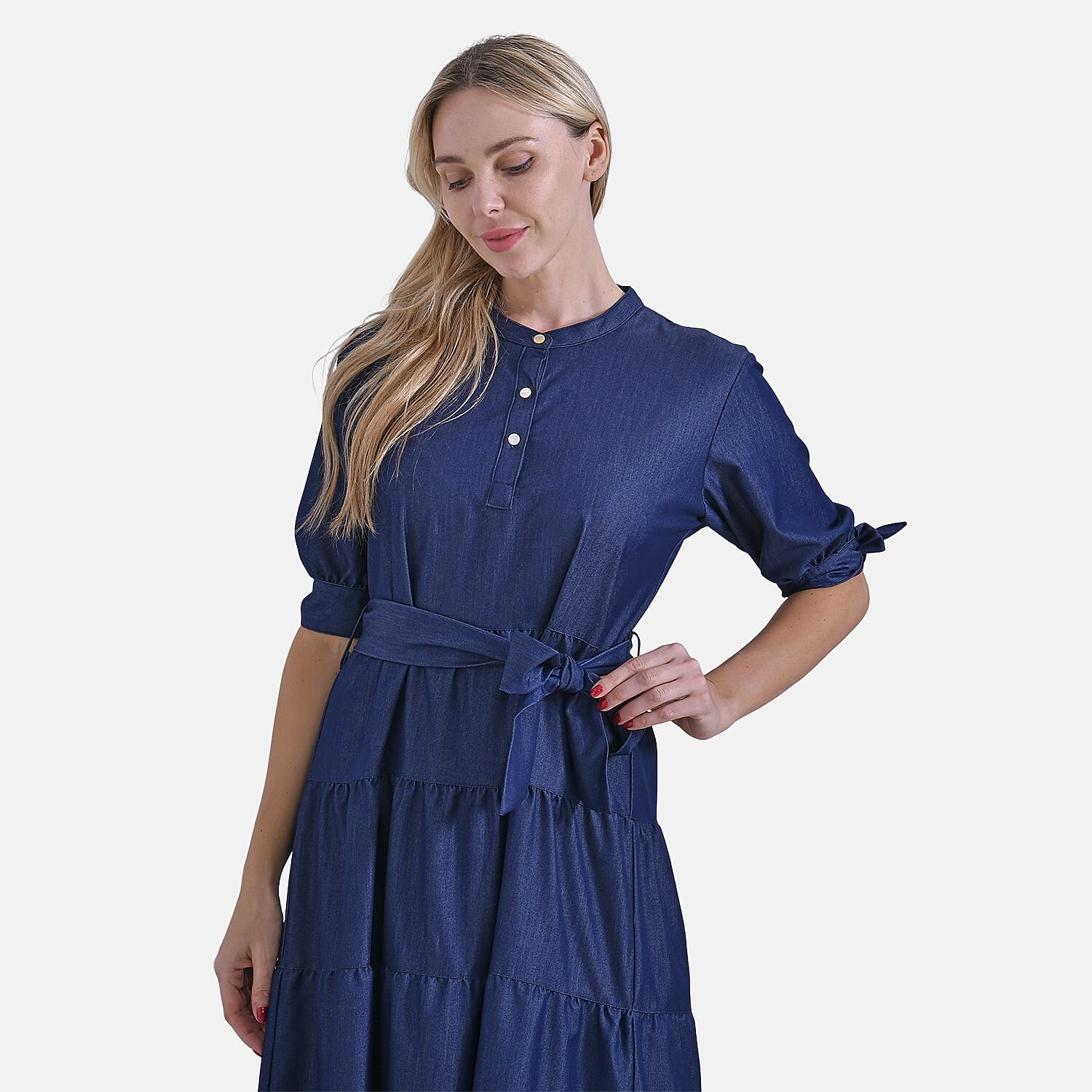 La Marey Tiered Midi Dress with Puff Sleeves & Tie Waist  (Size S) - Dark Blue