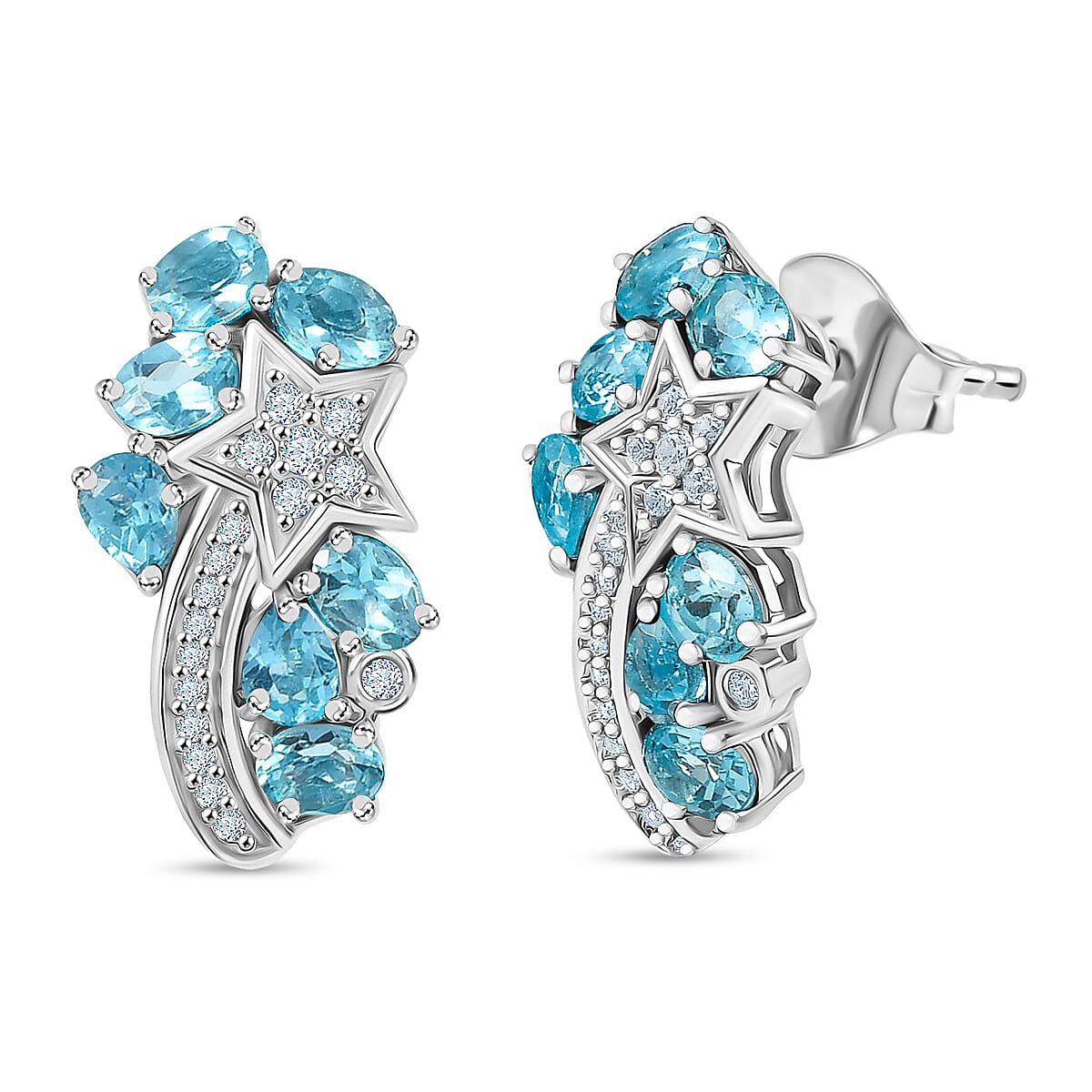 GP Celestial Dream Collection Blue Apatite, Blue Sapphire & White Zircon Solitaire Stud Push Post Earring in Rhodium Overlay Sterling Silver 3.10 Ct.