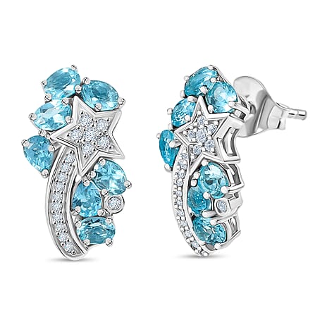GP Celestial Dream Collection Blue Apatite, Blue Sapphire & White Zircon Solitaire Stud Push Post Earring in Rhodium Overlay Sterling Silver 3.10 Ct.