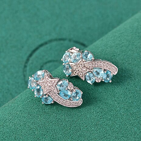 GP Celestial Dream Collection Blue Apatite, Blue Sapphire & White Zircon Solitaire Stud Push Post Earring in Rhodium Overlay Sterling Silver 3.10 Ct.