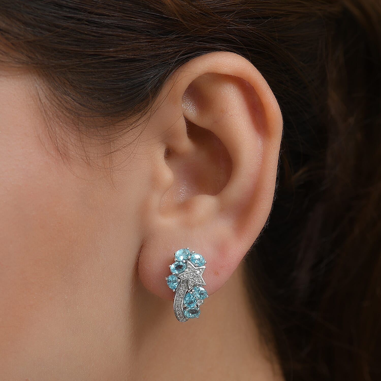 GP Celestial Dream Collection Blue Apatite, Blue Sapphire & White Zircon Solitaire Stud Push Post Earring in Rhodium Overlay Sterling Silver 3.10 Ct.