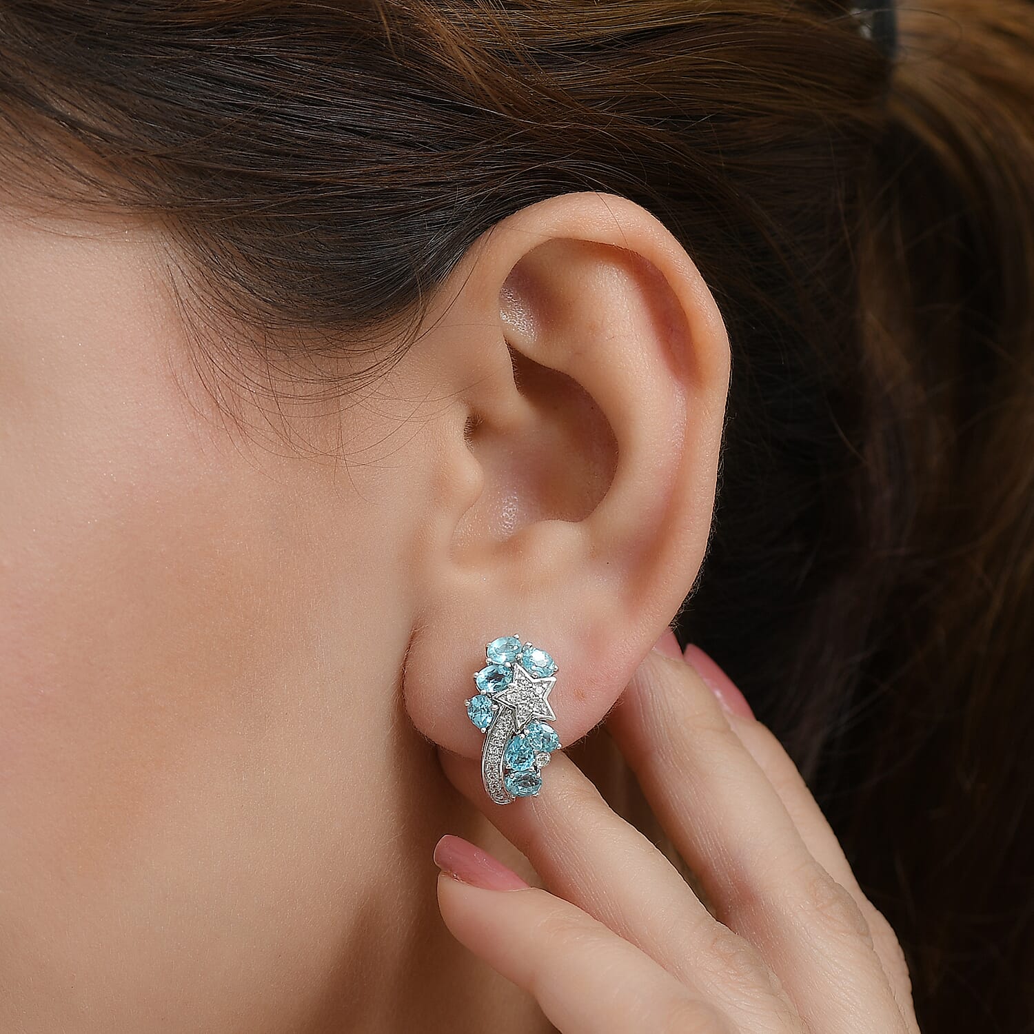 GP Celestial Dream Collection Blue Apatite, Blue Sapphire & White Zircon Solitaire Stud Push Post Earring in Rhodium Overlay Sterling Silver 3.10 Ct.