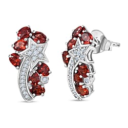 GP Celestial Dream Collection - Red Garnet, White Zircon Shooting Star Push Post Earring in Rhodium Overlay Sterling Silver 3.48 Ct.