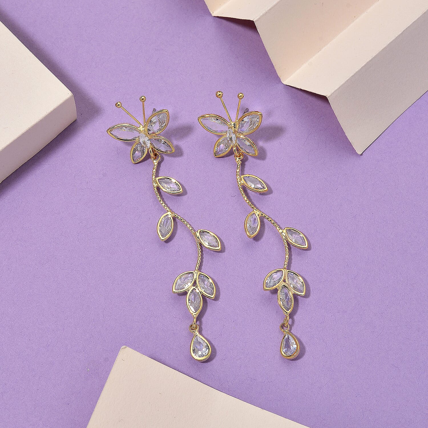 Cascade Collection - Austrian White Crystal Earrings with Push Back in Yellow Gold Plated