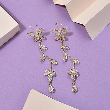 Cascade Collection - Austrian White Crystal Earrings with Push Back in Yellow Gold Plated
