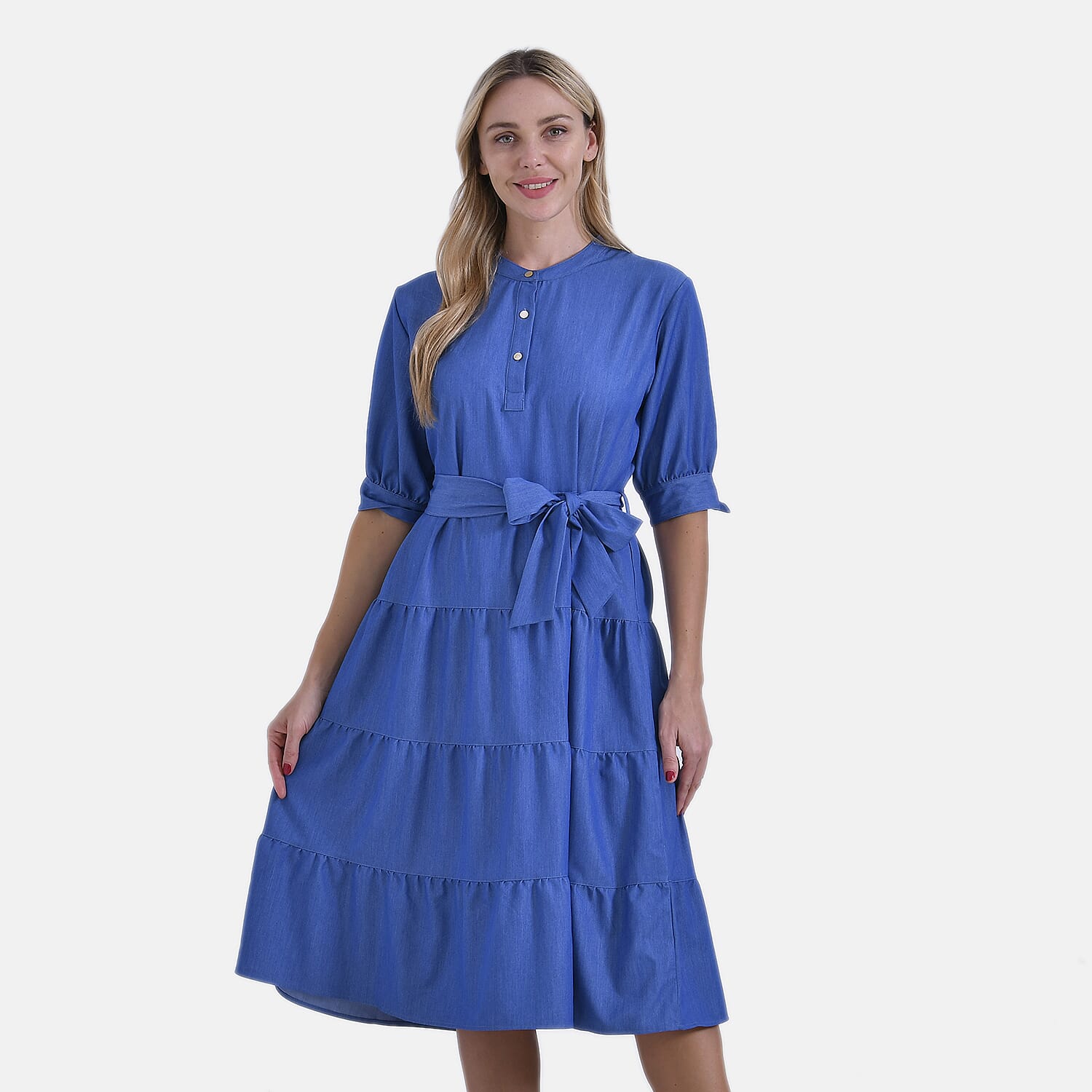 Tiered Midi Dress with 1-2 Puff Sleeves - Tie Waist (Size S) - Blue