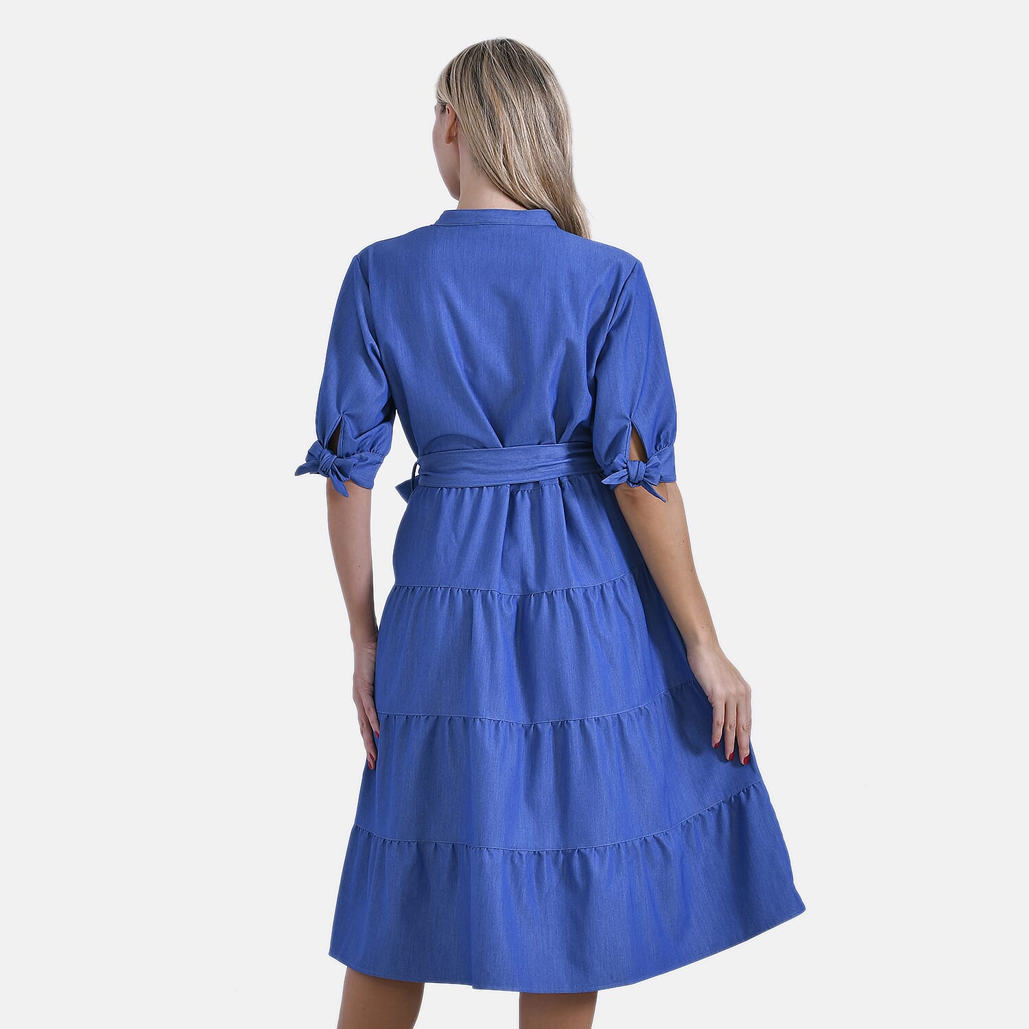 -Maisi Tiered Midi Dress with 1-2 Puff Sleeves - Tie Waist (Size M) - Blue
