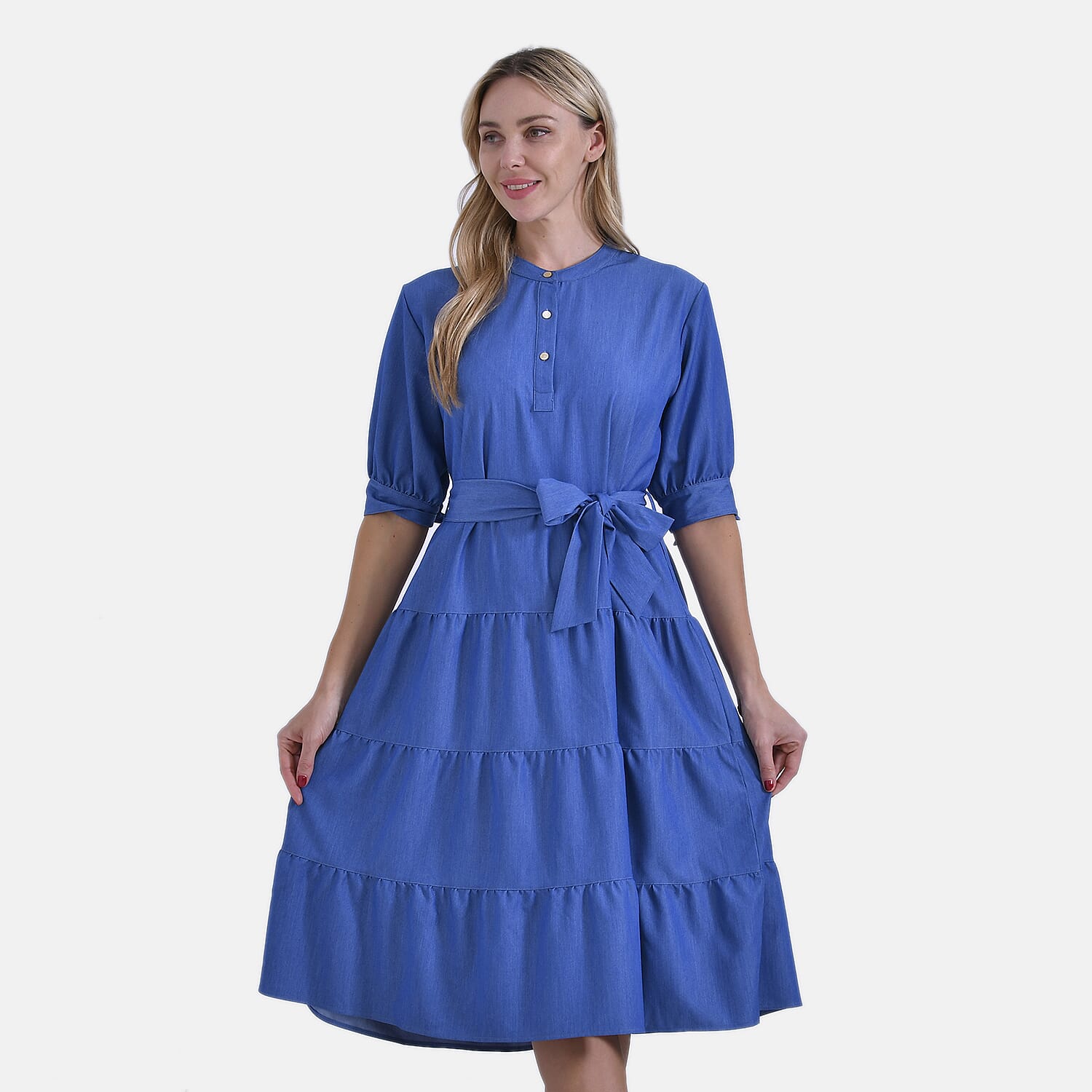 Tiered Midi Dress with 1-2 Puff Sleeves - Tie Waist (Size L) - Blue