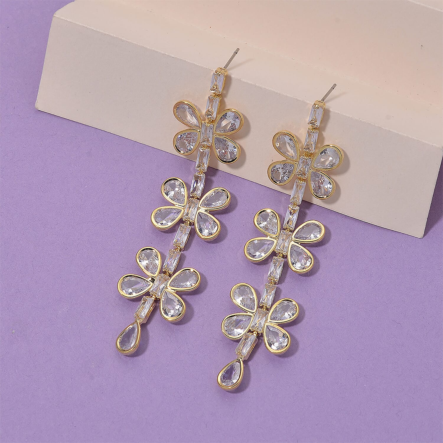 Austrian White Crystal Earring with Push Back in Yellow Gold Plated