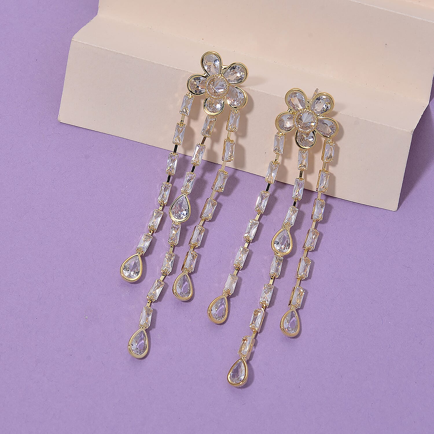 Cascade Collection - Austrian White Crystal Earrings with Push Back in Yellow Gold Plated