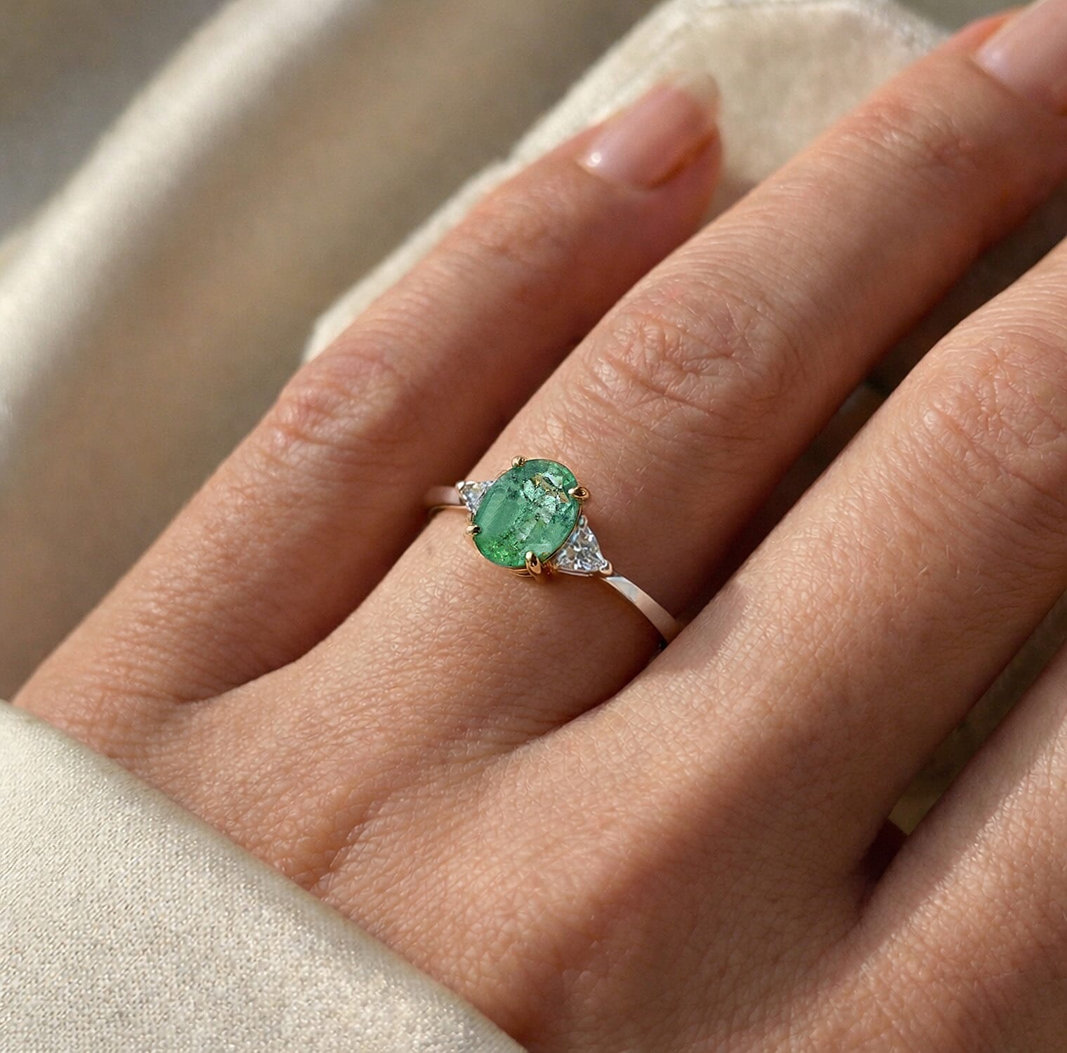 18K Yellow Gold AAAA Zambian Emerald, White Diamond SI Ring, Gold Wt.3.93 Gms  1.400  Ct.