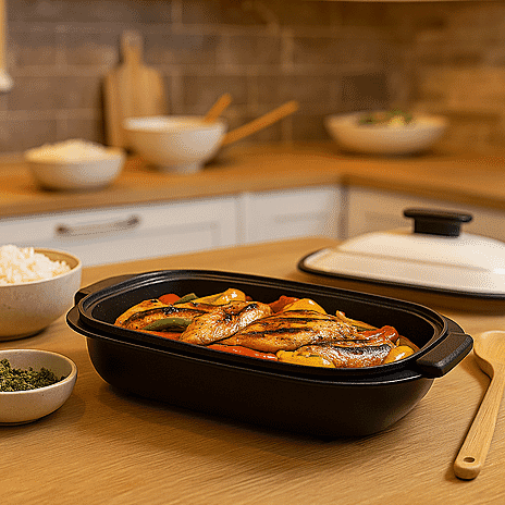 Microwave Steel Non-Stick Grill Pot with Steam Rack - Black & White