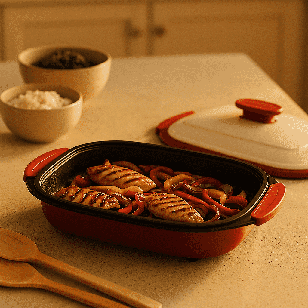 Microwave Steel Non-Stick Grill Pot with Steam Rack - Red & White