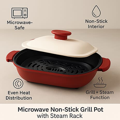 Microwave Steel Non-Stick Grill Pot with Steam Rack - Red & White