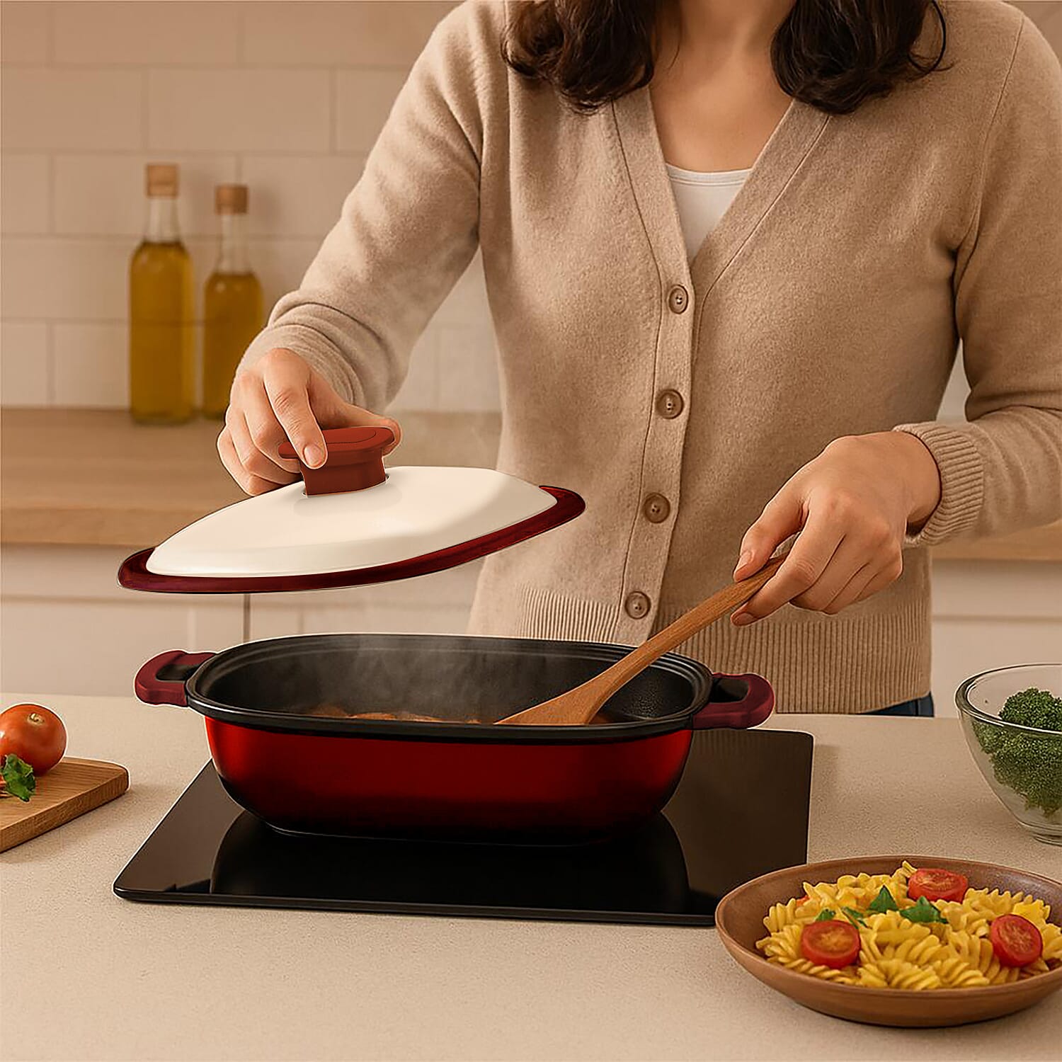 Microwave Steel Non-Stick Grill Pot with Steam Rack - Red & White