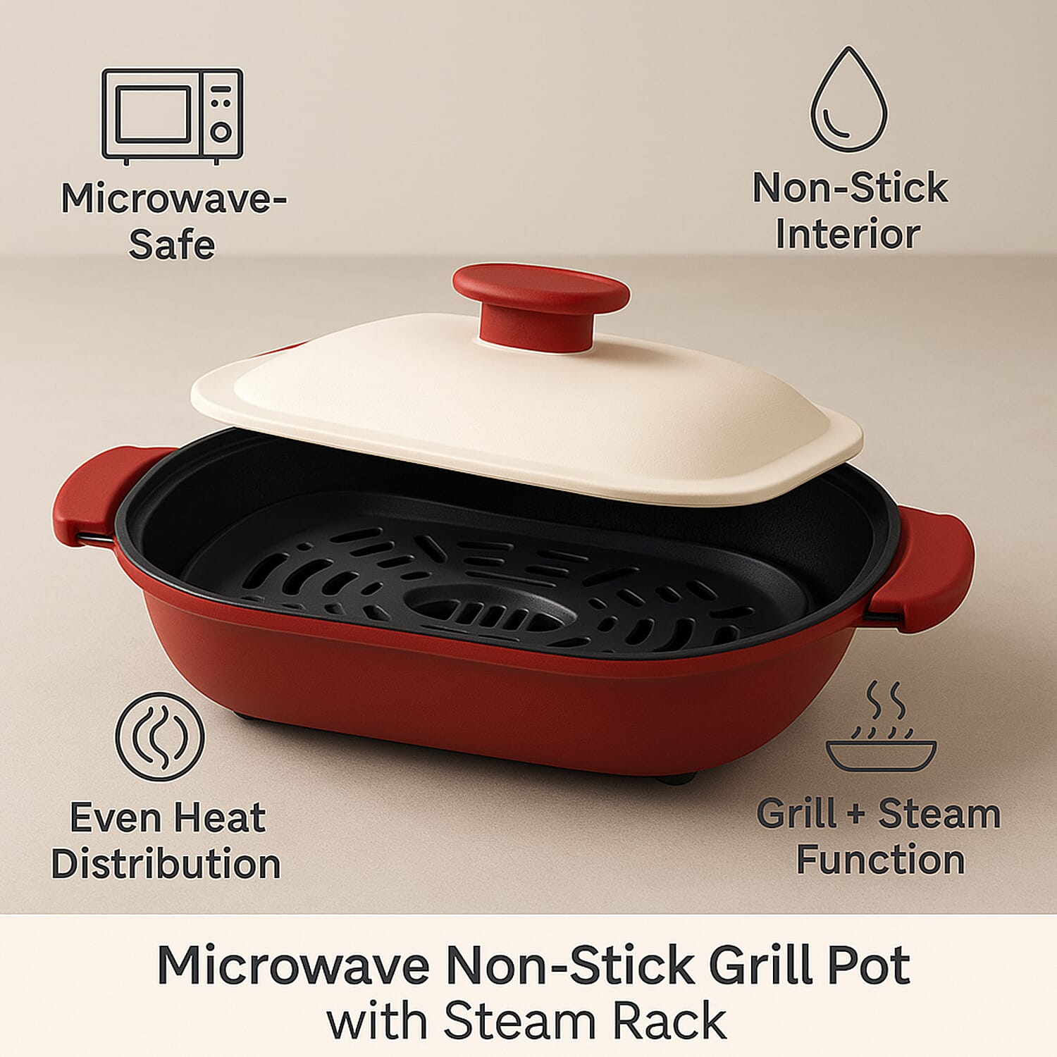 Microwave Steel Non-Stick Grill Pot with Steam Rack - Red & White