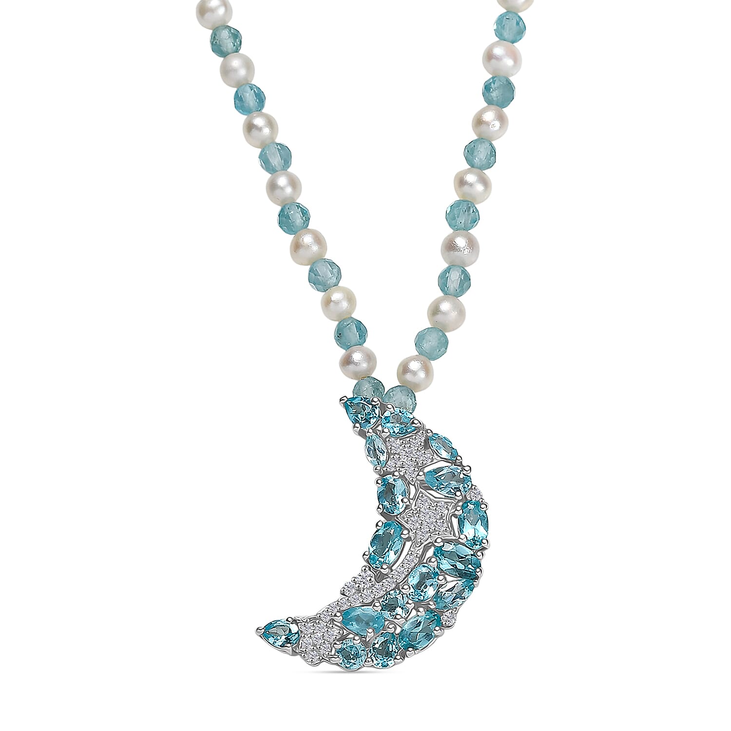 GP Celestial Dream Collection - Blue Apatite, Blue Sapphire, Fresh Water Pearl, & White Zircon Cluster Necklace (Size - 20) with Lobster Clasp in Rhodium Overlay Sterling Silver 20.68 Ct.