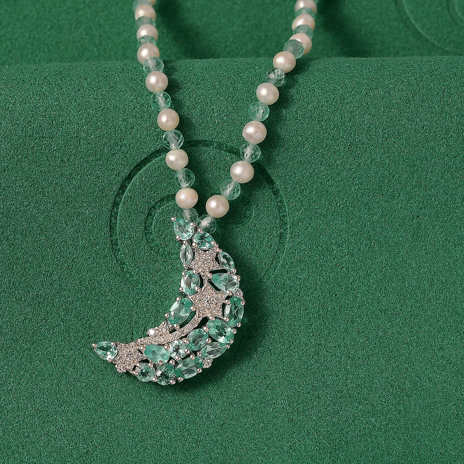 GP Celestial Dream Collection - Blue Apatite, Blue Sapphire, Fresh Water Pearl, & White Zircon Cluster Necklace (Size - 20) with Lobster Clasp in Rhodium Overlay Sterling Silver 20.68 Ct.