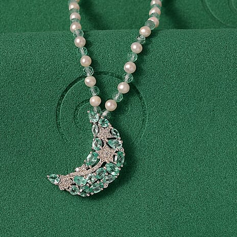 GP Celestial Dream Collection - Blue Apatite, Blue Sapphire, Fresh Water Pearl, & White Zircon Cluster Necklace (Size - 20) with Lobster Clasp in Rhodium Overlay Sterling Silver 20.68 Ct.