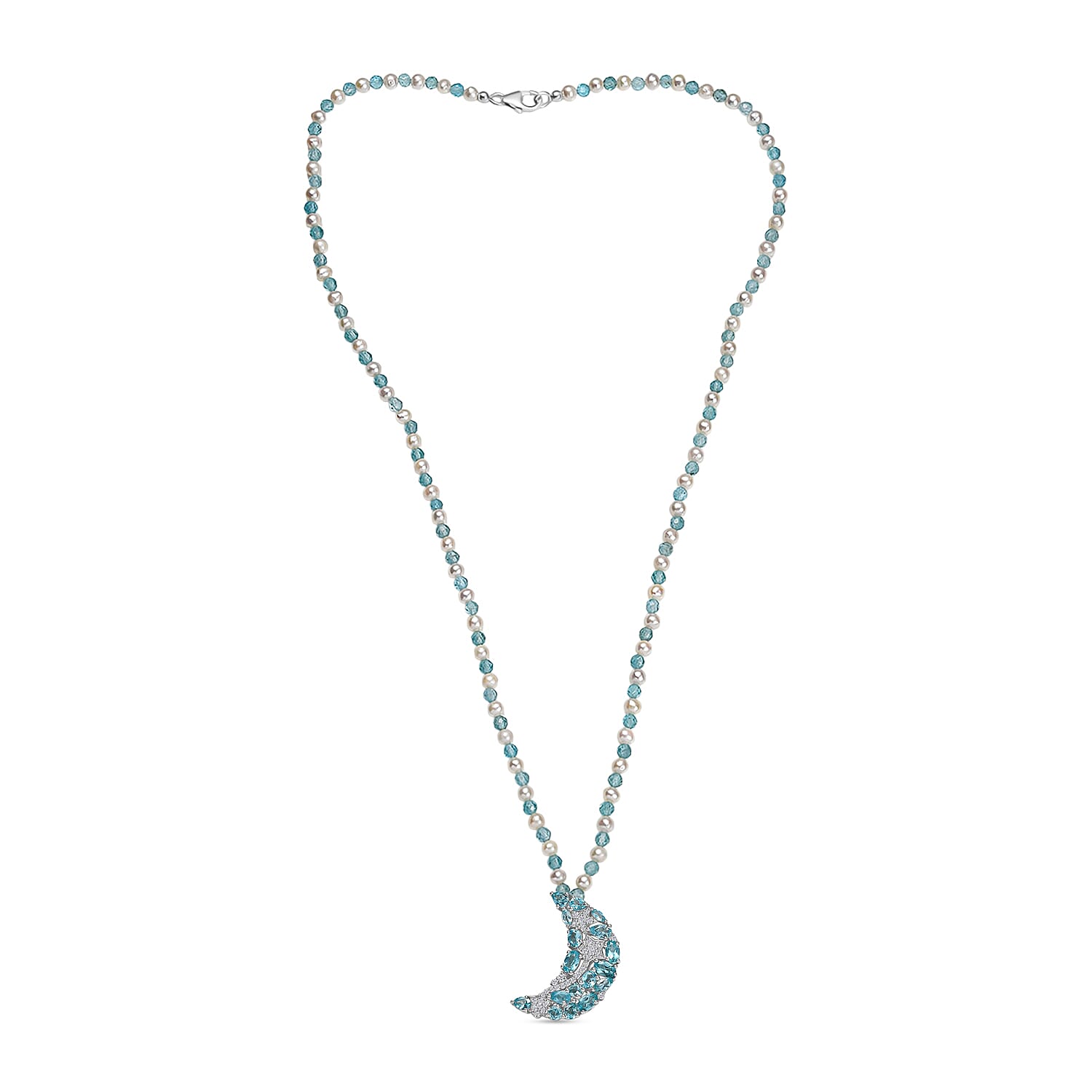GP Celestial Dream Collection - Blue Apatite, Blue Sapphire, Fresh Water Pearl, & White Zircon Cluster Necklace (Size - 20) with Lobster Clasp in Rhodium Overlay Sterling Silver 20.68 Ct.