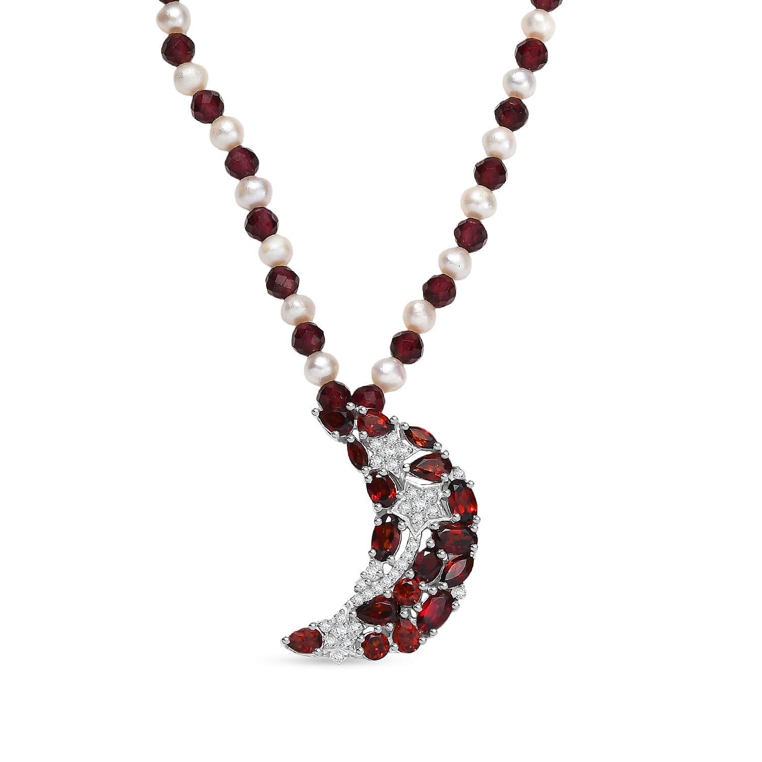 GP Celestial Dream Collection - Red Garnet, Blue Sapphire, Fresh Water Pearl & White Zircon Cluster Necklace (Size - 20) with Lobster Clasp in Rhodium Overlay Sterling Silver 25.38 Ct.