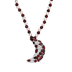 GP Celestial Dream Collection - Red Garnet, Fresh Water Pearl and White Zircon Crescent Moon Necklace (Size - 20) with Lobster Clasp in Rhodium Overlay Sterling Silver 25.38 Ct.