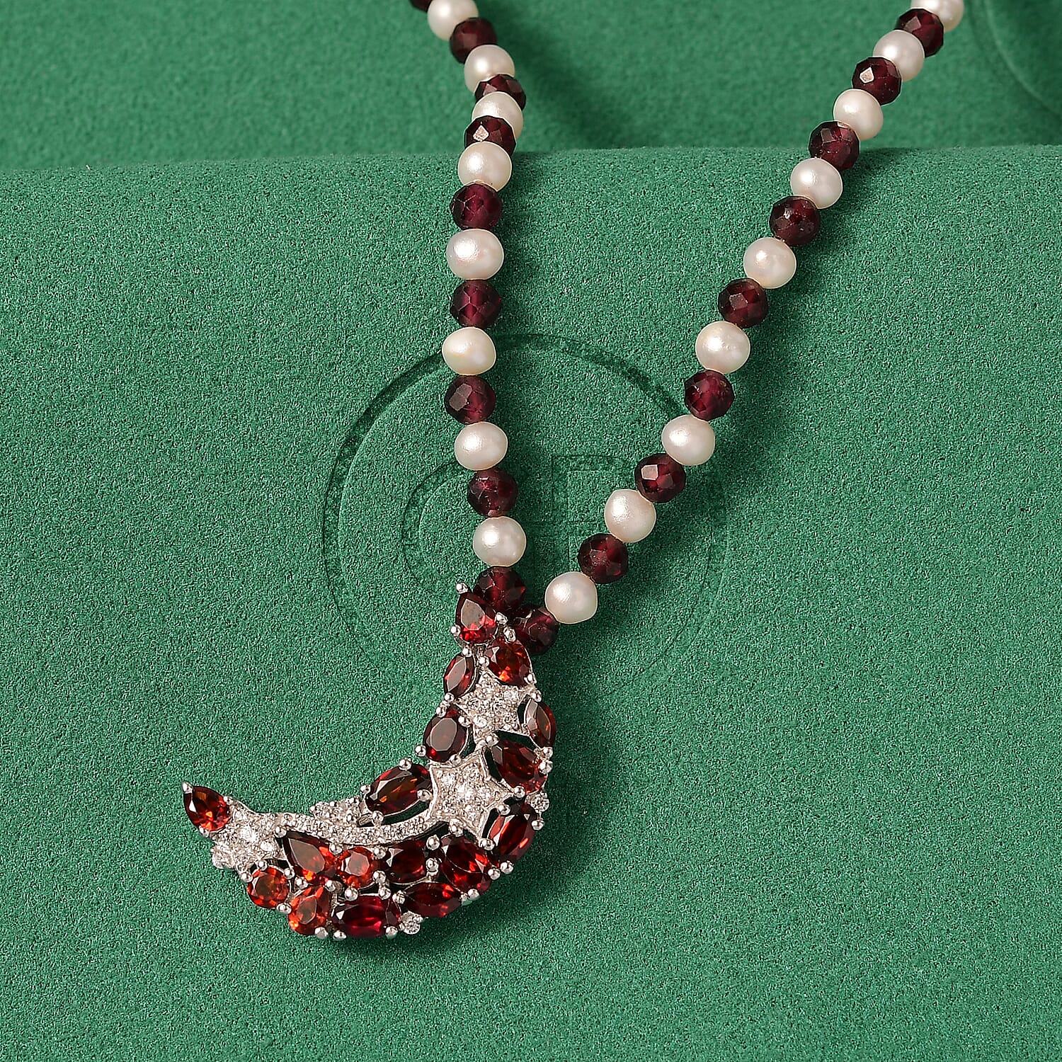 GP Celestial Dream Collection - Red Garnet, Blue Sapphire, Fresh Water Pearl & White Zircon Cluster Necklace (Size - 20) with Lobster Clasp in Rhodium Overlay Sterling Silver 25.38 Ct.