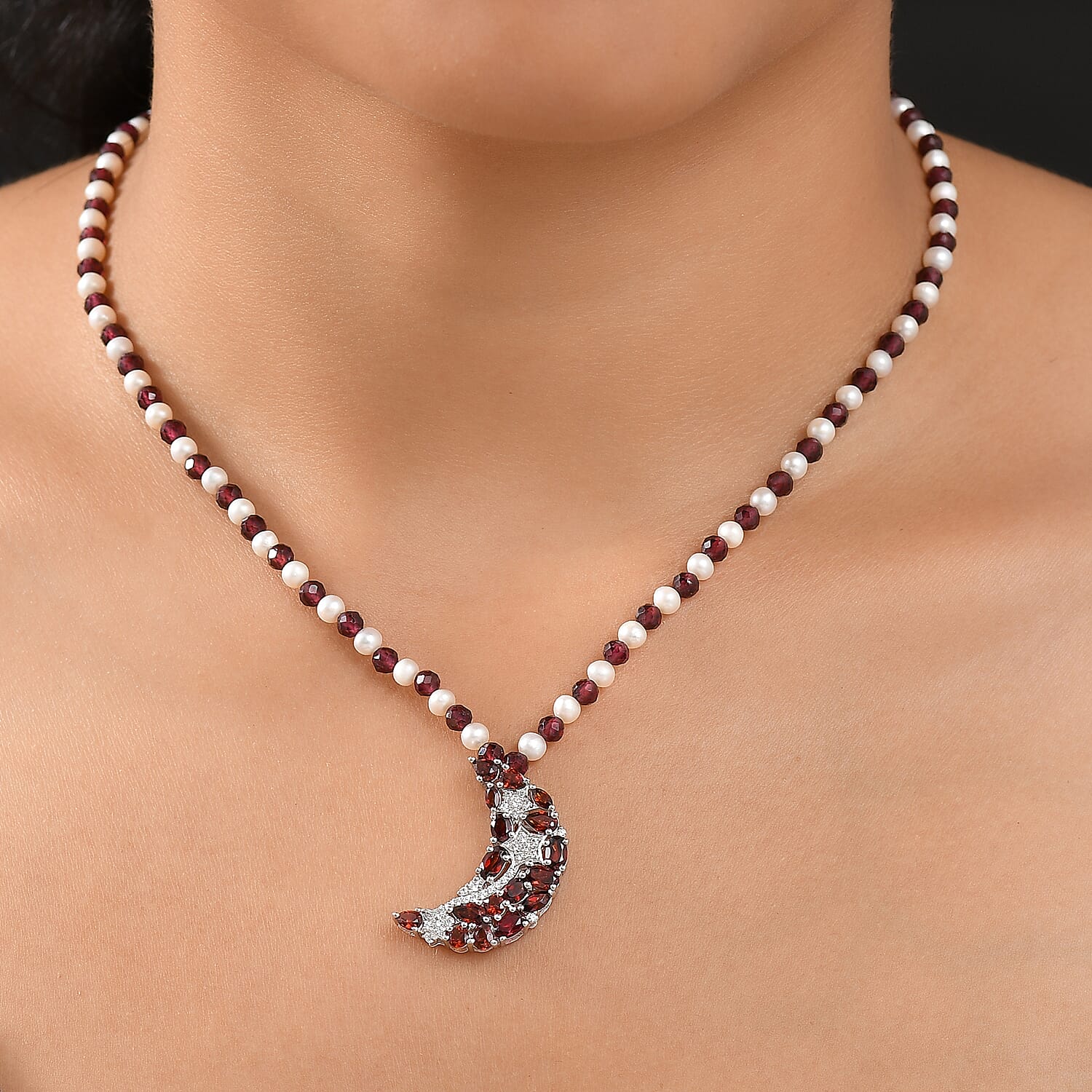 GP Celestial Dream Collection - Red Garnet, Blue Sapphire, Fresh Water Pearl & White Zircon Cluster Necklace (Size - 20) with Lobster Clasp in Rhodium Overlay Sterling Silver 25.38 Ct.