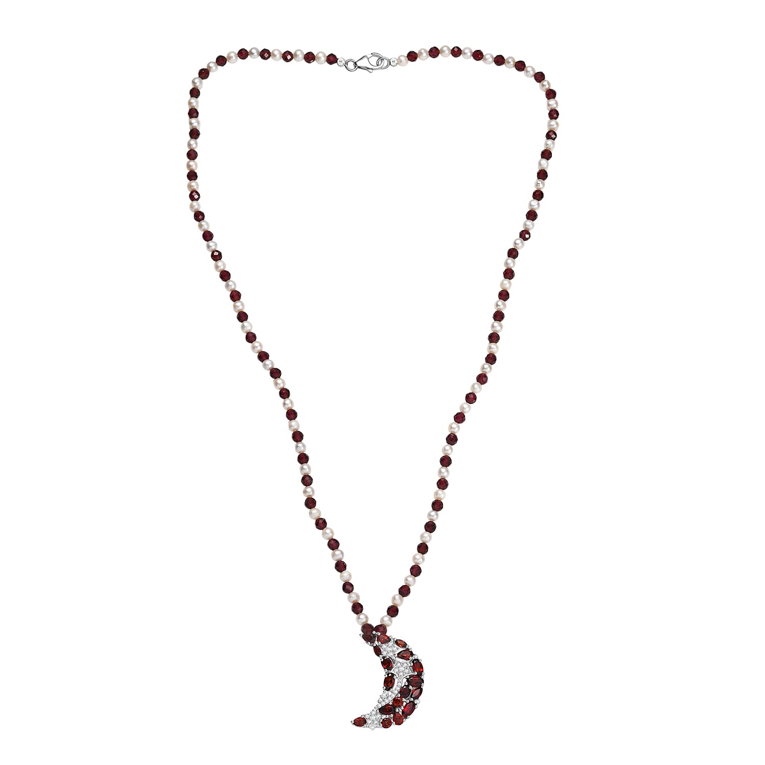 GP Celestial Dream Collection - Red Garnet, Blue Sapphire, Fresh Water Pearl & White Zircon Cluster Necklace (Size - 20) with Lobster Clasp in Rhodium Overlay Sterling Silver 25.38 Ct.