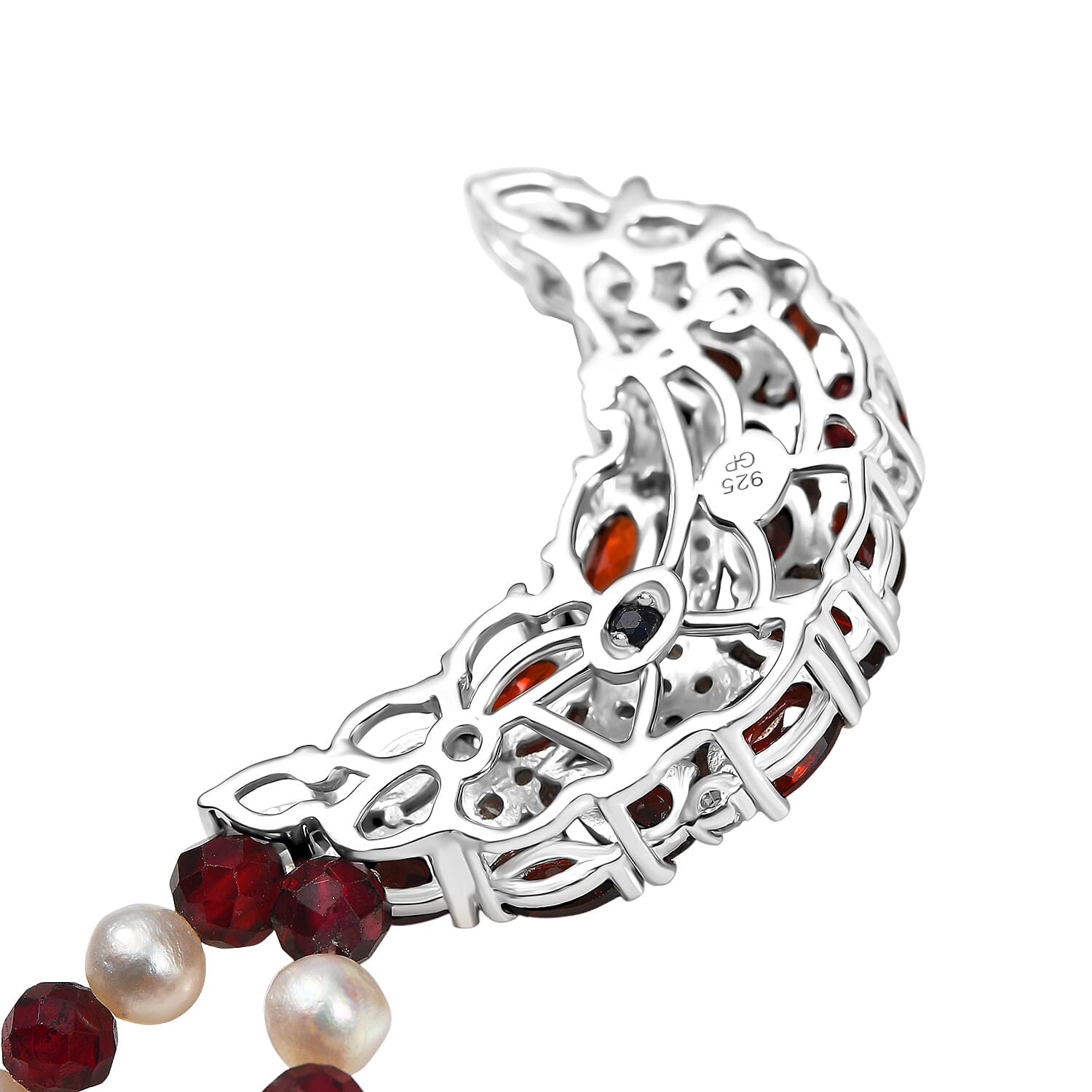 GP Celestial Dream Collection - Red Garnet, Blue Sapphire, Fresh Water Pearl & White Zircon Cluster Necklace (Size - 20) with Lobster Clasp in Rhodium Overlay Sterling Silver 25.38 Ct.