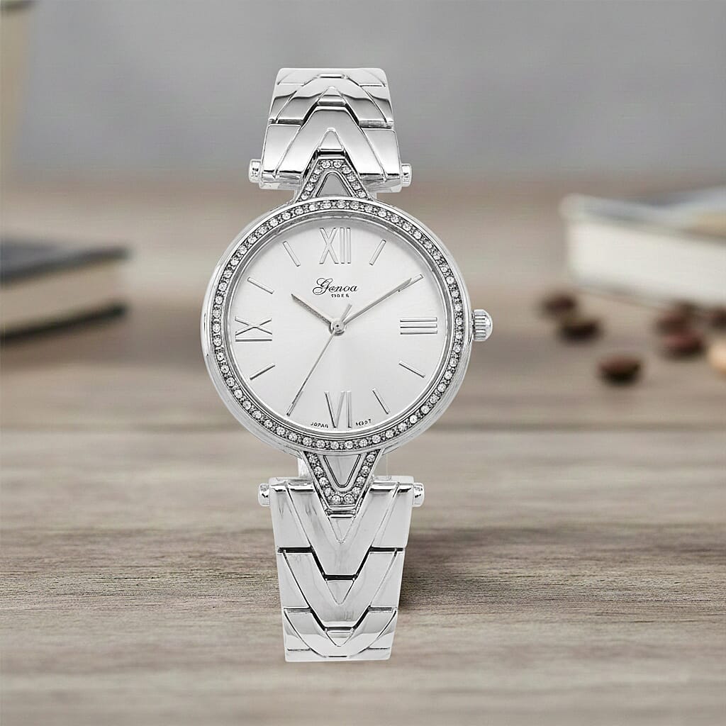 GENOA TIME LIMITED EDITION Japanese Movt. 3ATM Water Resistant Sunray Dial Ladies Watch with Silver Colour Strap & Case with Austrian White Crystal Accents