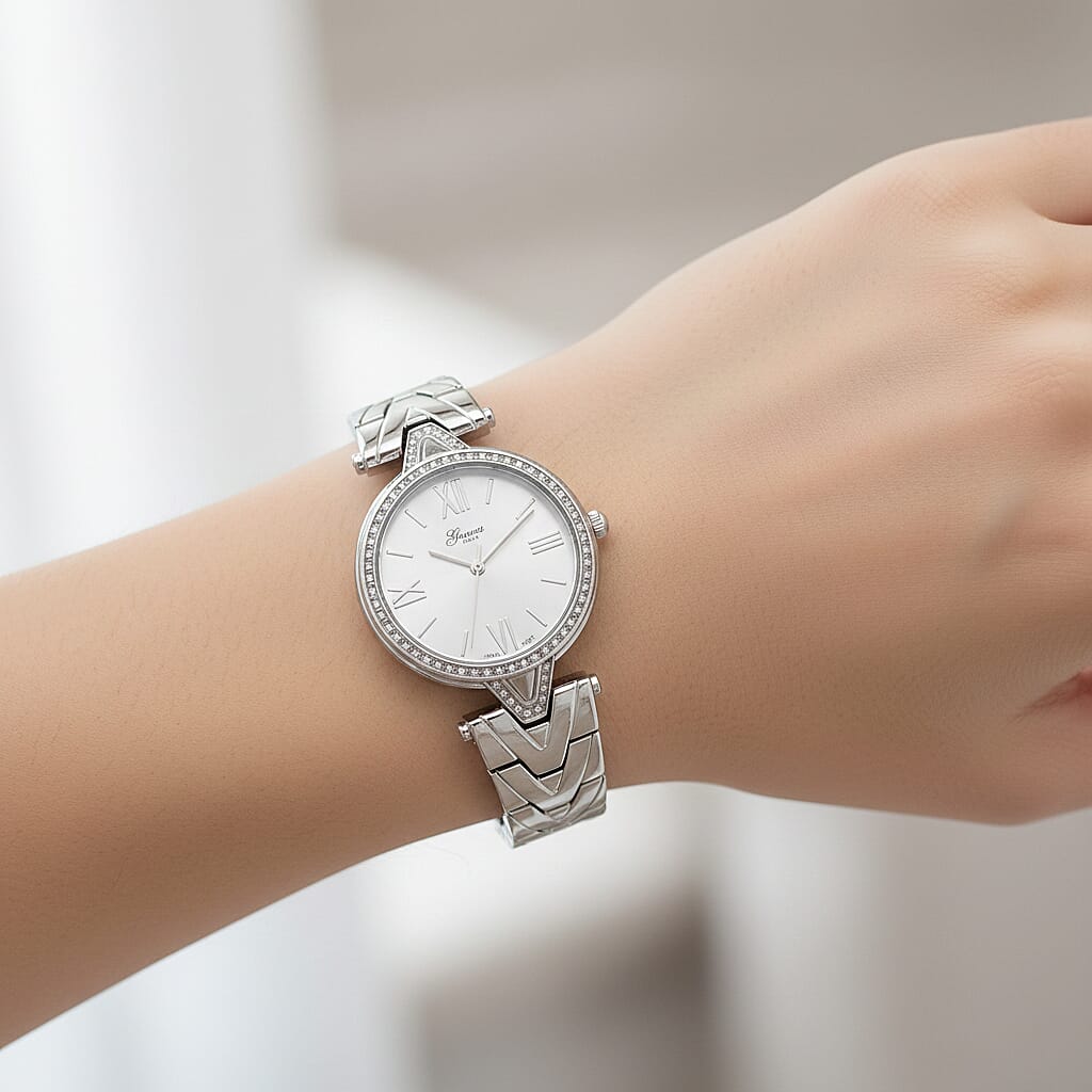 GENOA TIME LIMITED EDITION Japanese Movt. 3ATM Water Resistant Sunray Dial Ladies Watch with Silver Colour Strap & Case with Austrian White Crystal Accents
