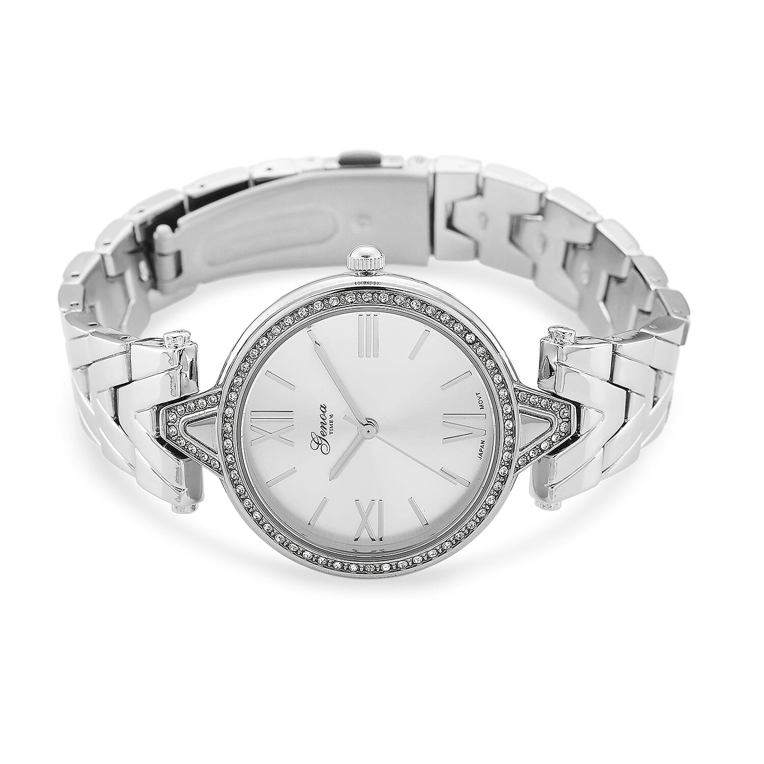 GENOA TIME LIMITED EDITION Japanese Movt. 3ATM Water Resistant Sunray Dial Ladies Watch with Silver Colour Strap & Case with Austrian White Crystal Accents
