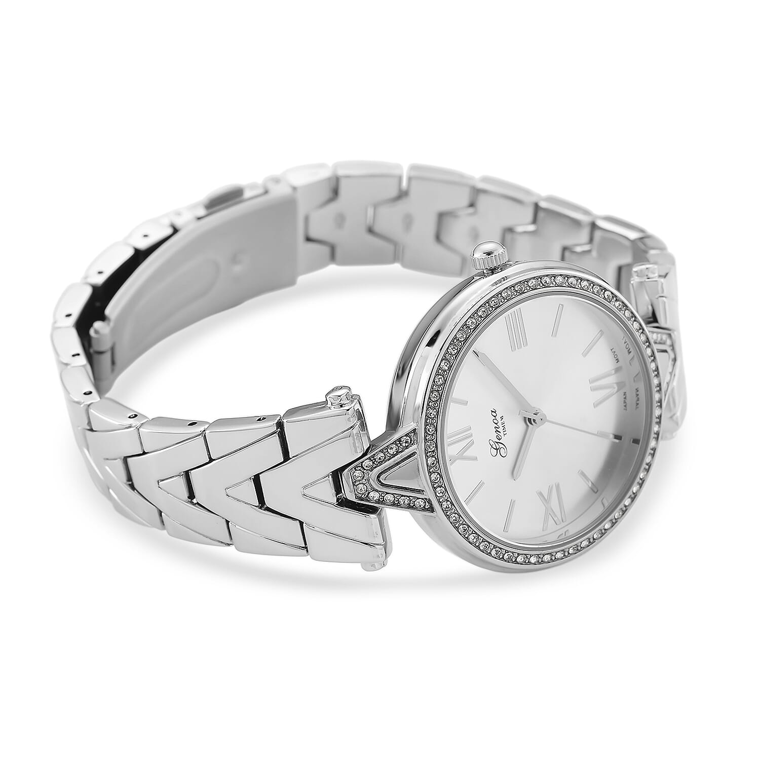GENOA TIME LIMITED EDITION Japanese Movt. 3ATM Water Resistant Sunray Dial Ladies Watch with Silver Colour Strap & Case with Austrian White Crystal Accents