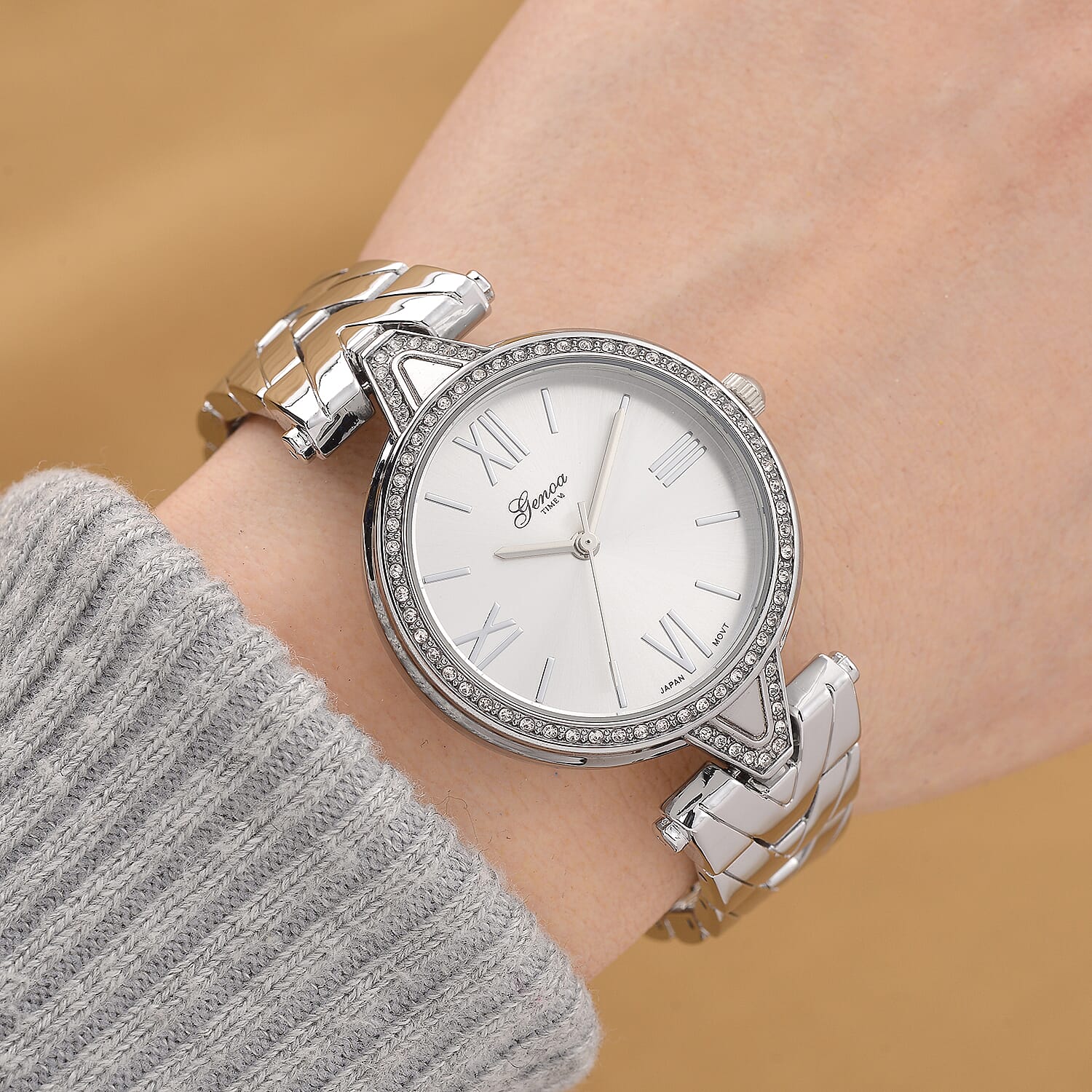 GENOA TIME LIMITED EDITION Japanese Movt. 3ATM Water Resistant Sunray Dial Ladies Watch with Silver Colour Strap & Case with Austrian White Crystal Accents