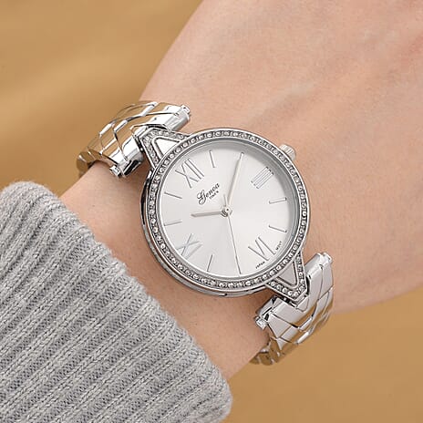 GENOA TIME LIMITED EDITION Japanese Movt. 3ATM Water Resistant Sunray Dial Ladies Watch with Silver Colour Strap & Case with Austrian White Crystal Accents