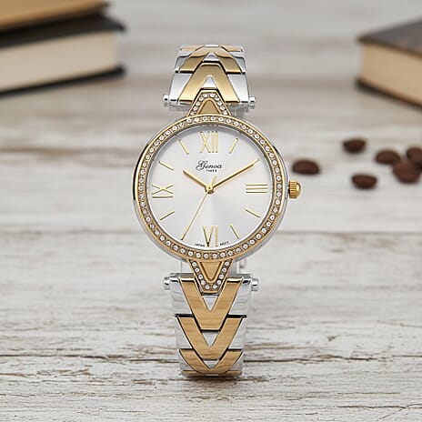 GENOA TIME LIMITED EDITION Japanese Movt. 3ATM Water Resistant Sunray Dial Ladies Watch with Silver and Gold Colour Strap & Case with Austrian White Crystal Accents