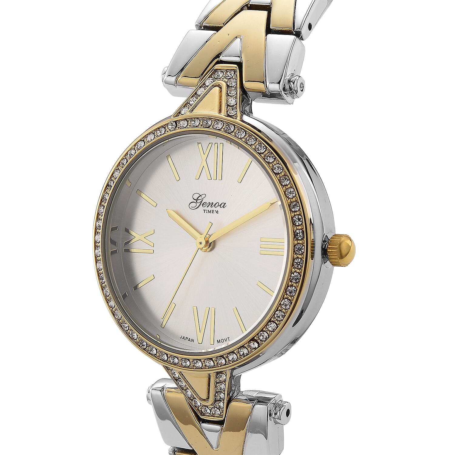 GENOA TIME LIMITED EDITION Japanese Movt. 3ATM Water Resistant Sunray Dial Ladies Watch with Silver and Gold Colour Strap & Case with Austrian White Crystal Accents