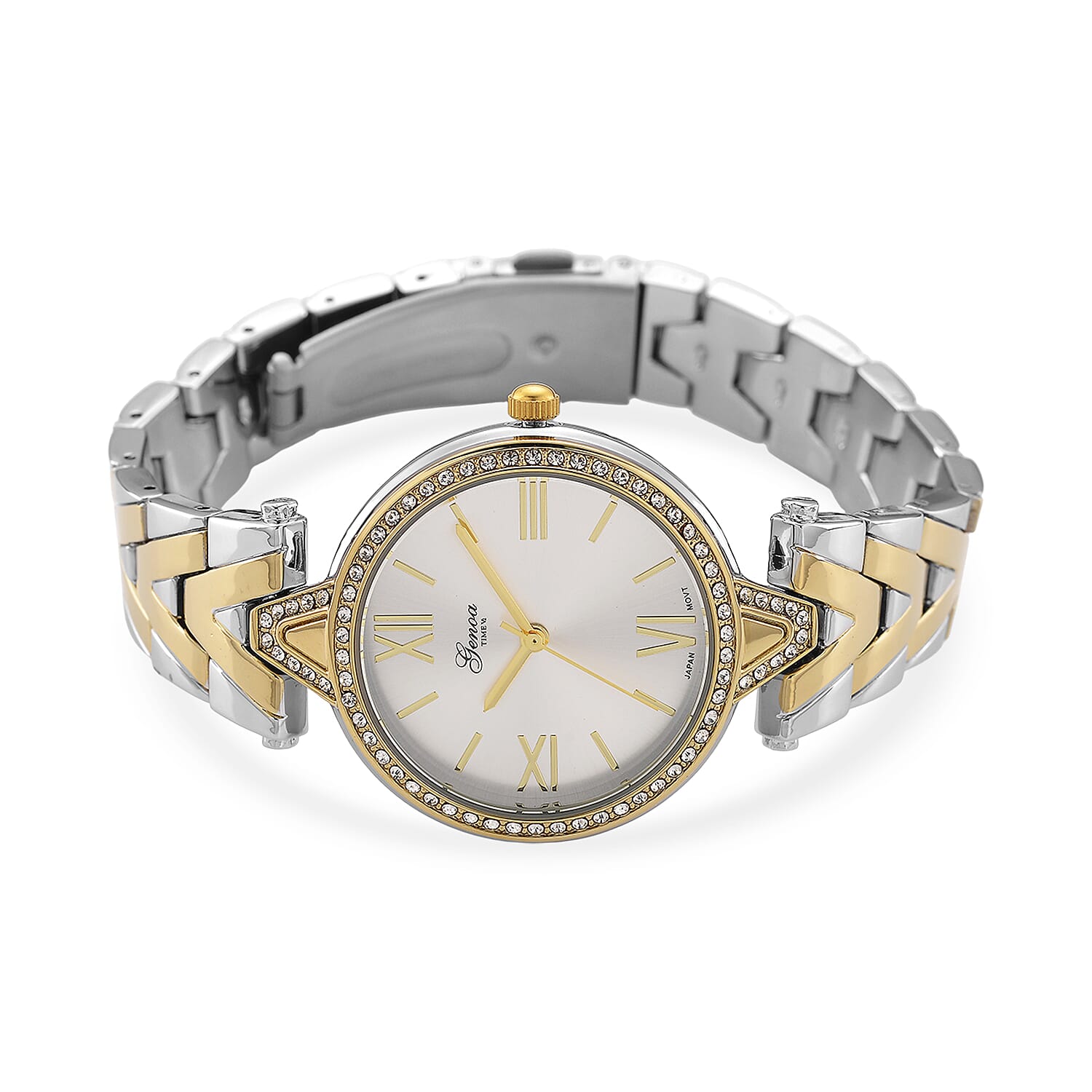 GENOA TIME LIMITED EDITION Japanese Movt. 3ATM Water Resistant Sunray Dial Ladies Watch with Silver and Gold Colour Strap & Case with Austrian White Crystal Accents