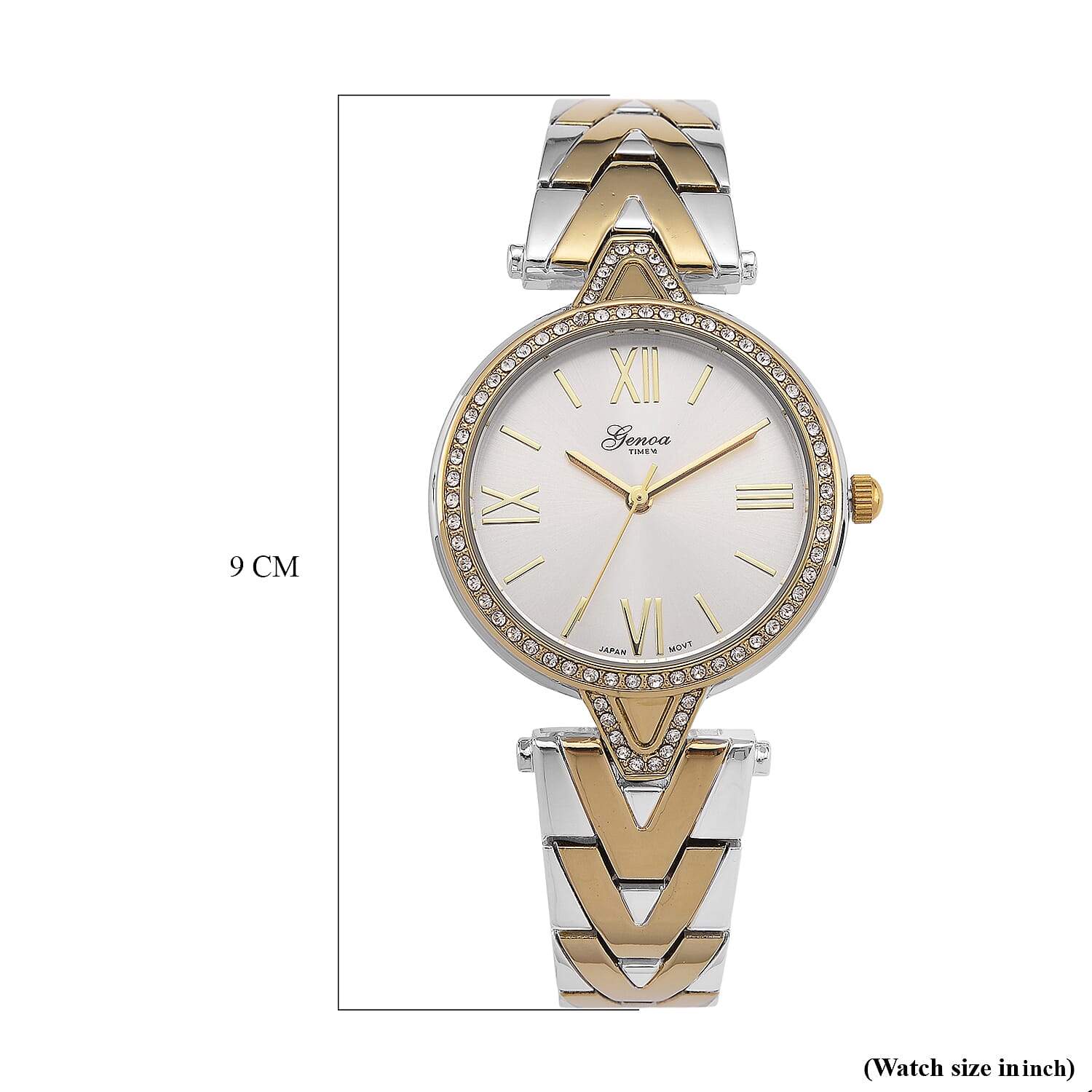 GENOA TIME LIMITED EDITION Japanese Movt. 3ATM Water Resistant Sunray Dial Ladies Watch with Silver and Gold Colour Strap & Case with Austrian White Crystal Accents