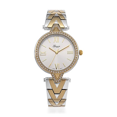 GENOA TIME LIMITED EDITION Japanese Movt. 3ATM Water Resistant Sunray Dial Ladies Watch with Silver and Gold Colour Strap & Case with Austrian White Crystal Accents