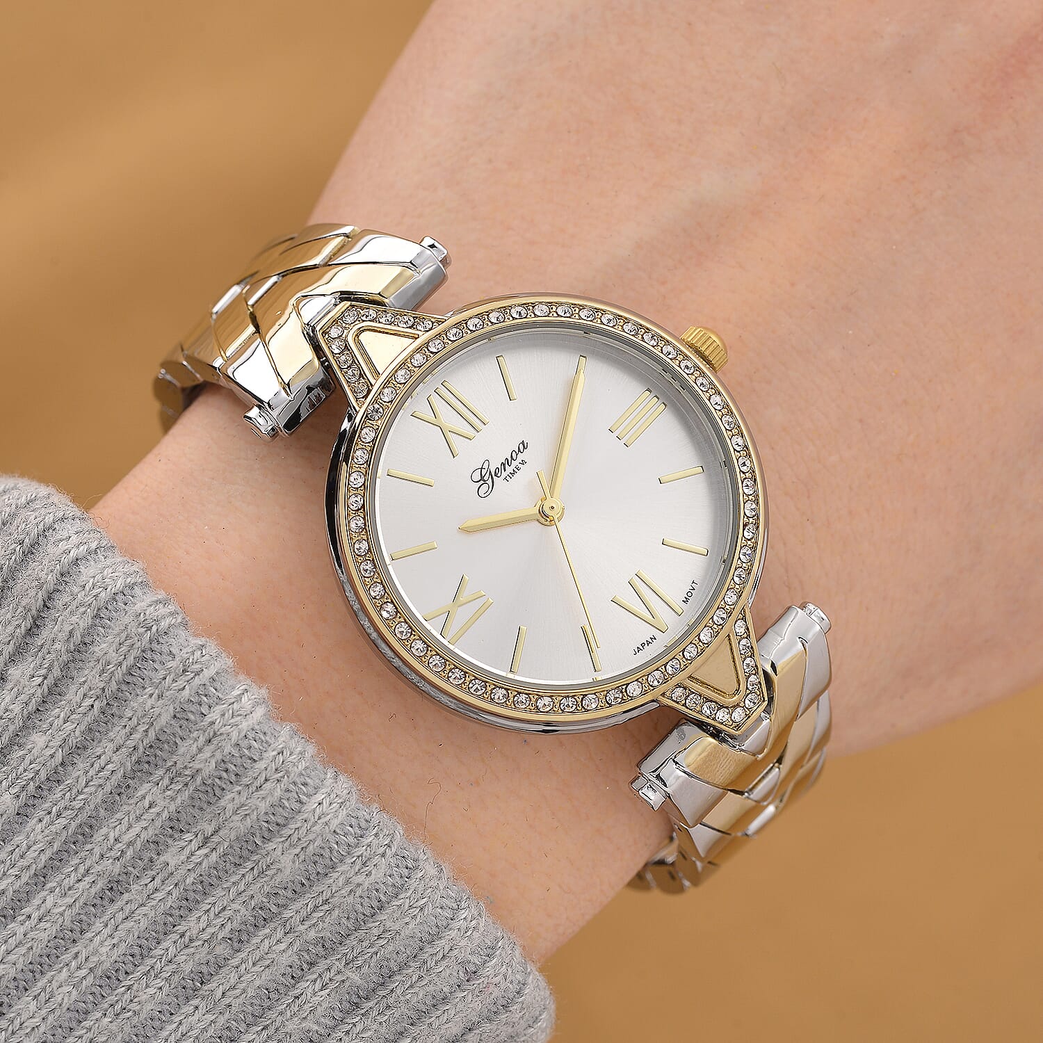 GENOA TIME LIMITED EDITION Japanese Movt. 3ATM Water Resistant Sunray Dial Ladies Watch with Silver and Gold Colour Strap & Case with Austrian White Crystal Accents