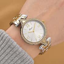 GENOA TIME LIMITED EDITION Japanese Movt. 3ATM Water Resistant Sunray Dial Ladies Watch with Silver and Gold Colour Strap & Case with Austrian White Crystal Accents