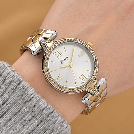 GENOA TIME LIMITED EDITION Japanese Movt. 3ATM Water Resistant Sunray Dial Ladies Watch with Silver and Gold Colour Strap & Case with Austrian White Crystal Accents