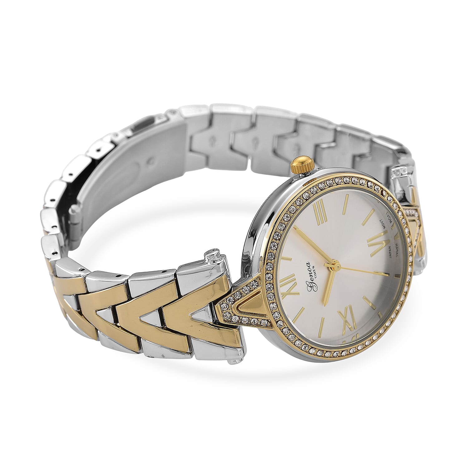 GENOA TIME LIMITED EDITION Japanese Movt. 3ATM Water Resistant Sunray Dial Ladies Watch with Silver and Gold Colour Strap & Case with Austrian White Crystal Accents