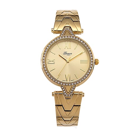 GENOA TIME LIMITED EDITION Japanese Movt. 3ATM Water Resistant Sunray Dial Ladies Watch with Gold Colour Strap & Case with Austrian White Crystal Accents