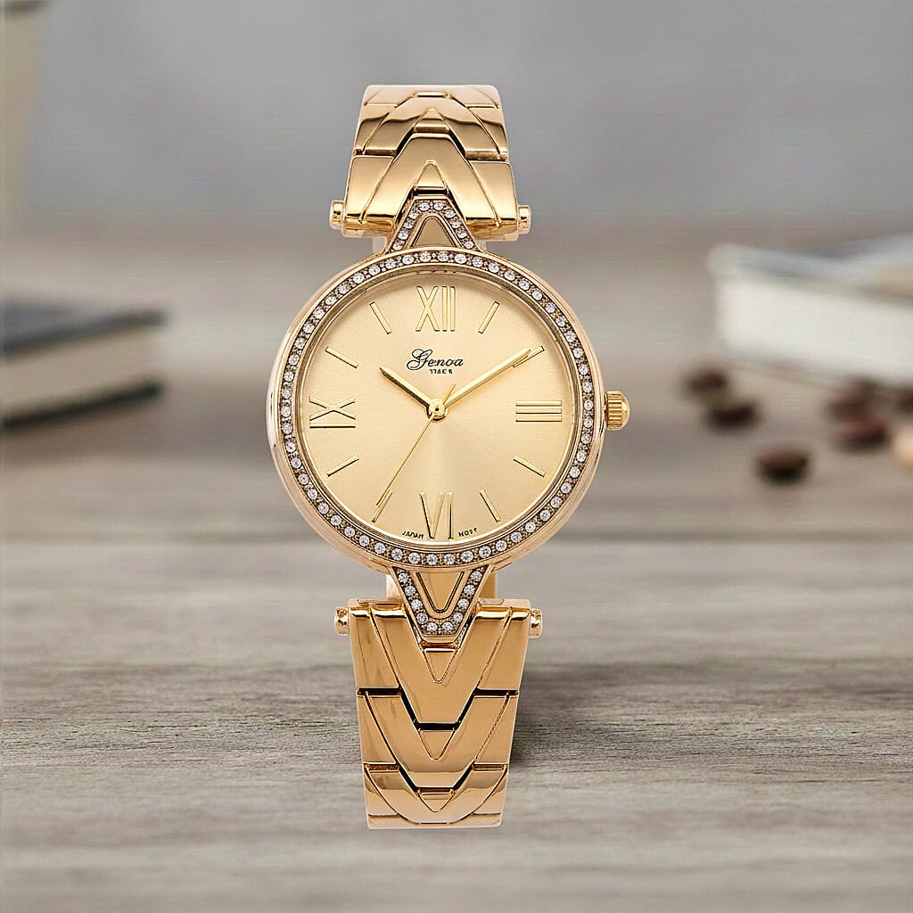 GENOA TIME LIMITED EDITION Japanese Movt. 3ATM Water Resistant Sunray Dial Ladies Watch with Gold Colour Strap & Case with Austrian White Crystal Accents