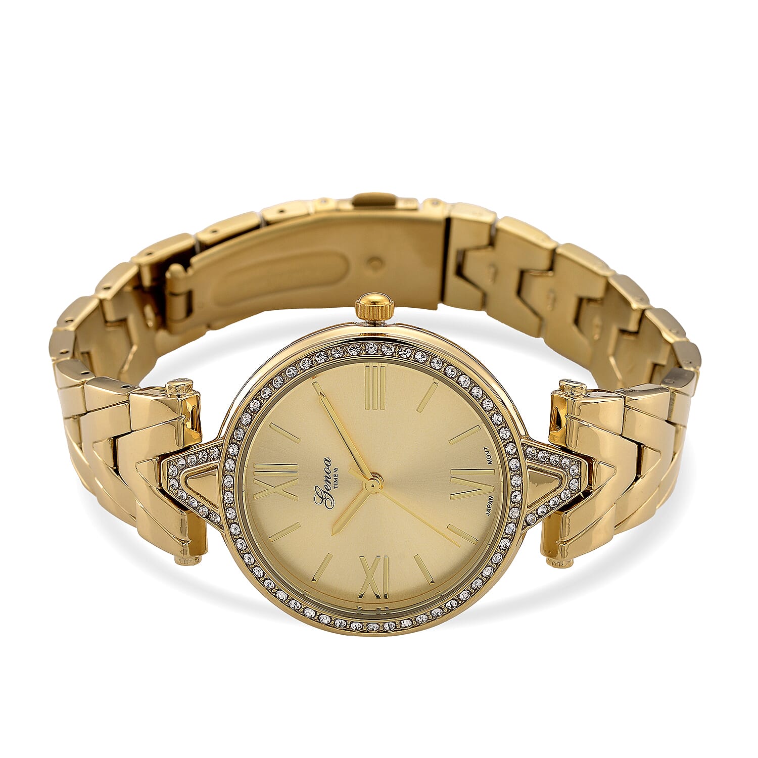 GENOA TIME LIMITED EDITION Japanese Movt. 3ATM Water Resistant Sunray Dial Ladies Watch with Gold Colour Strap & Case with Austrian White Crystal Accents