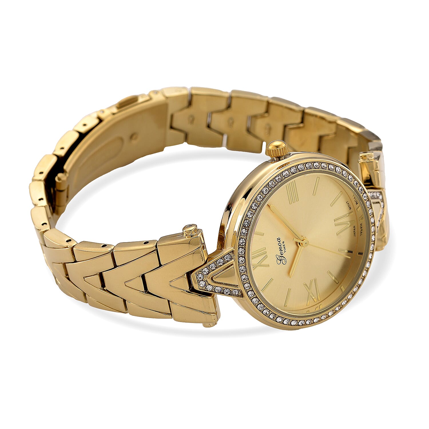 GENOA TIME LIMITED EDITION Japanese Movt. 3ATM Water Resistant Sunray Dial Ladies Watch with Gold Colour Strap & Case with Austrian White Crystal Accents